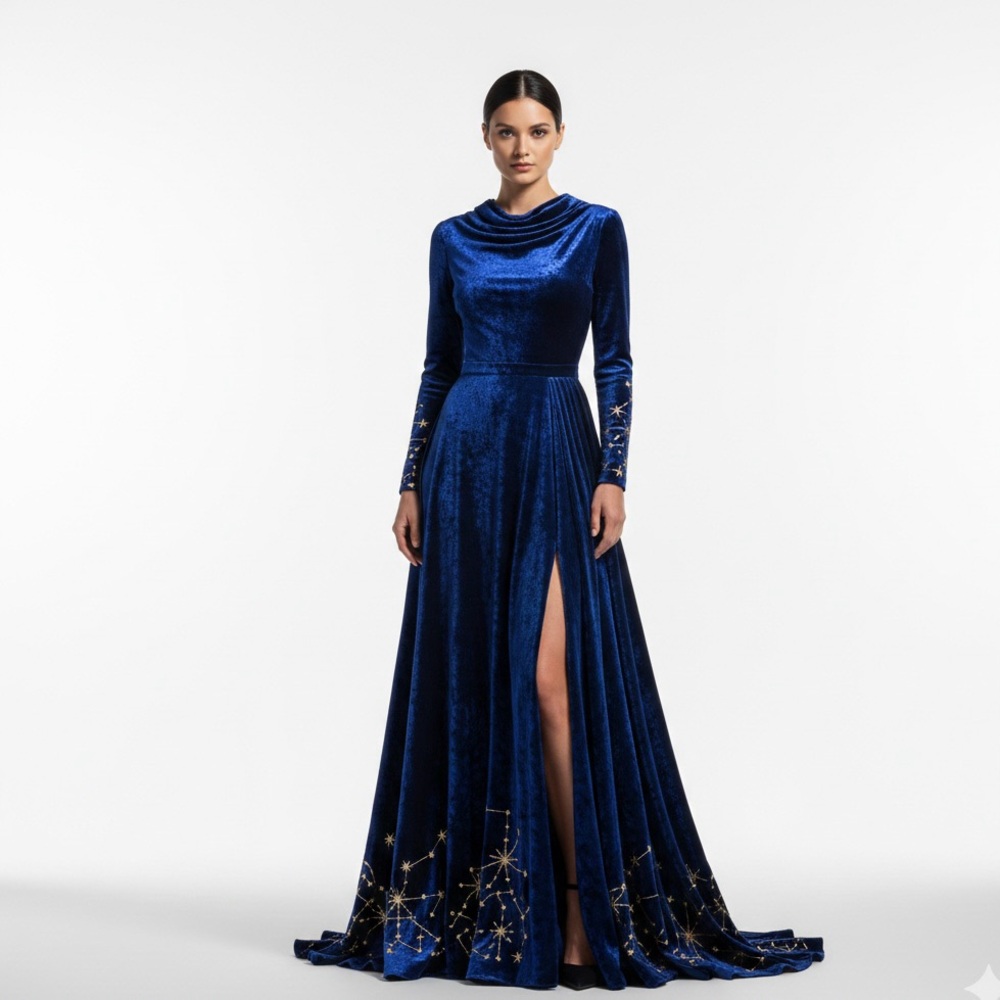Elegant Blue Velvet Evening Gown